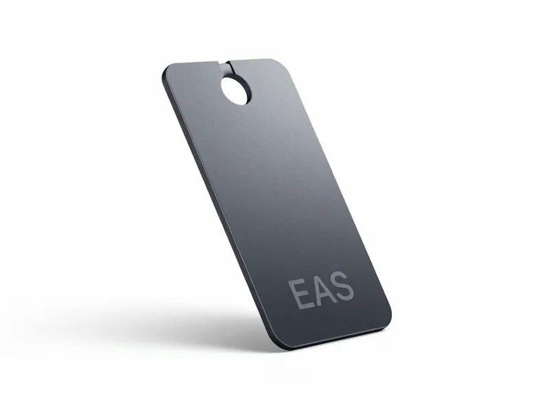 A modern, sleek charcoal grey EAS security tag for high-end clothing