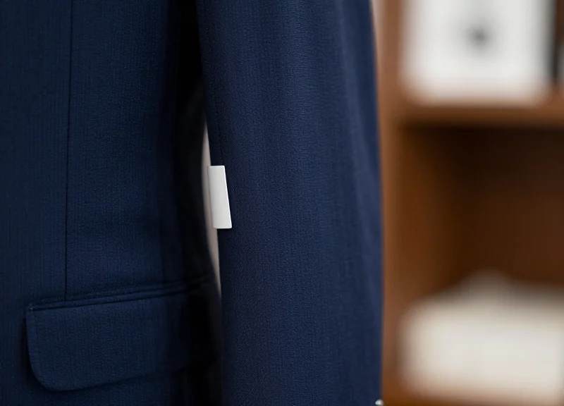 Close-up of a security tag discreetly placed on a suit sleeve seam