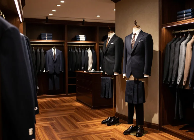 Interior of a luxury menswear boutique with high-end suits on display.