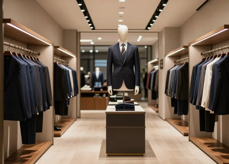 A high-end modern menswear boutique with clean interior design and elegant clothing displays.