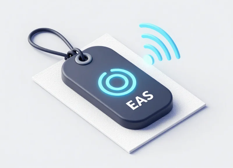Isometric 3D model of a clothing security tag emitting dual-frequency signals.