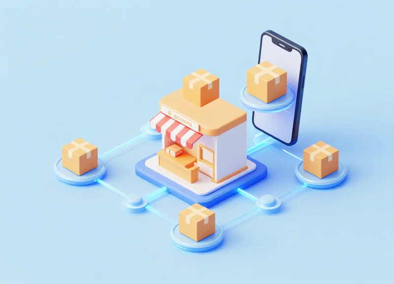 Isometric view of a connected retail ecosystem showing store, cloud, and delivery symbols.