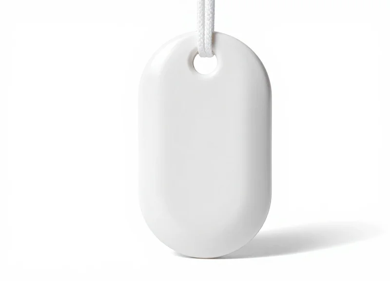 Close-up of a smooth, snag-proof plastic housing of a garment security tag.