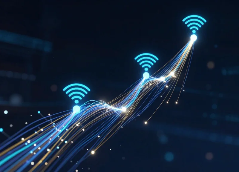 Abstract visualization of RFID signals connecting security tags to a digital inventory network.