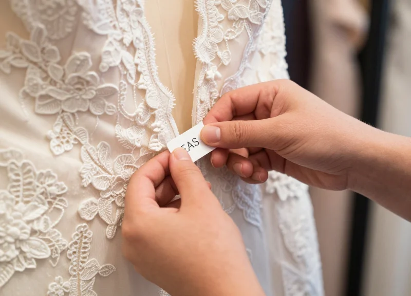 Close-up of hands pinning a small EAS tag to the internal seam of a white bridal gown.