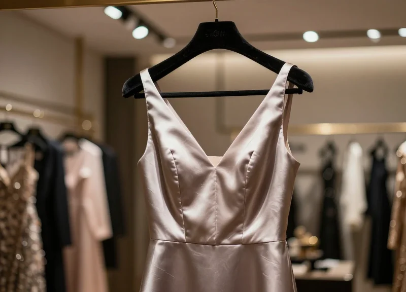 A close-up of a high-end silk gown on a designer hanger in a luxury showroom, highlighting the delicate fabric texture.