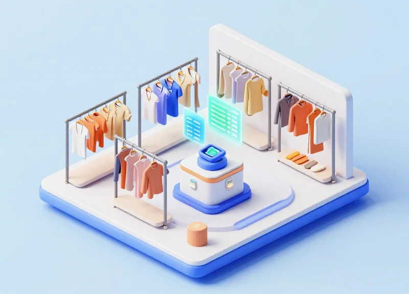 An isometric 3D model showing an RFID-enabled retail environment with clothing racks and data tracking connections.