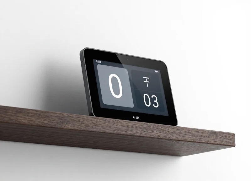 A modern electronic shelf label display showing availability icons for rental garments.