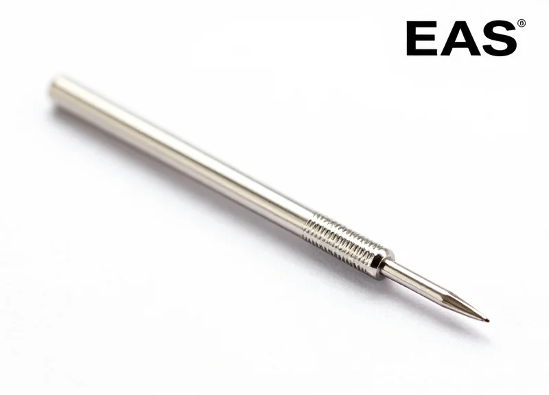 Close-up of a 0.5mm ultra-fine EAS pin with a stainless steel finish