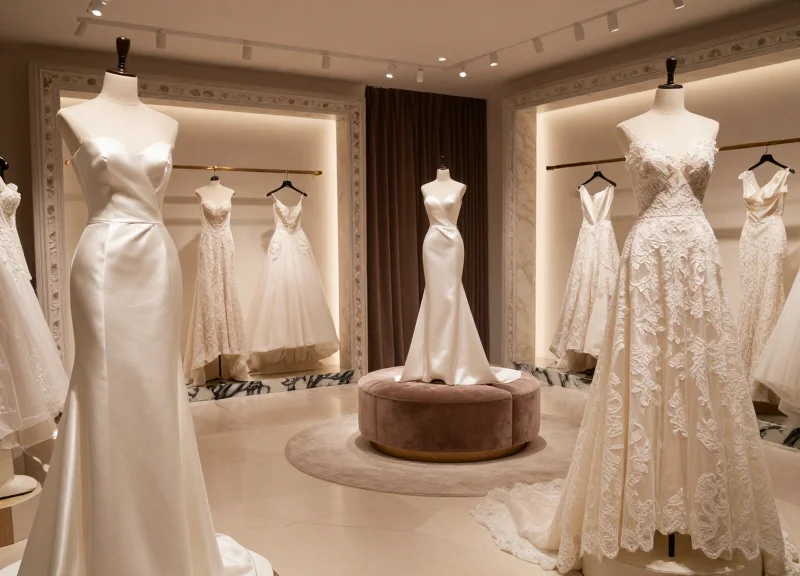 Luxury bridal boutique interior with high-end gowns on display