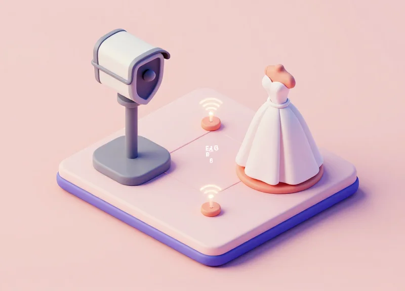 3D isometric model showing a hybrid RFID-EAS security gate and a wedding dress with a smart tag