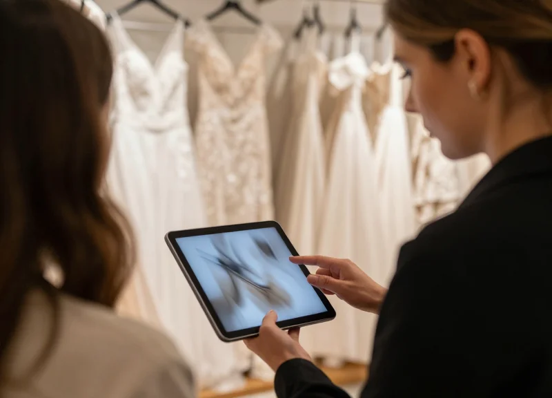 A retail consultant using a tablet to manage inventory while assisting a client in a modern bridal boutique