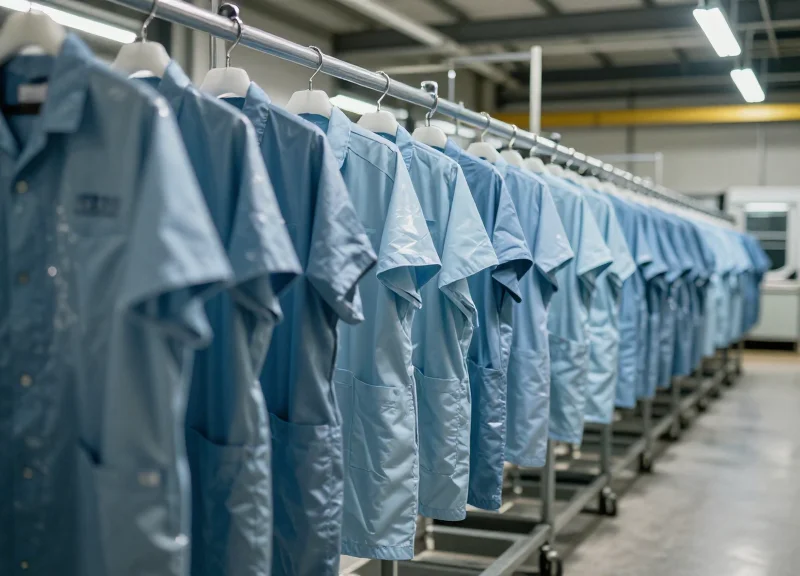 Large industrial warehouse with rows of uniforms on racks representing workwear inventory management
