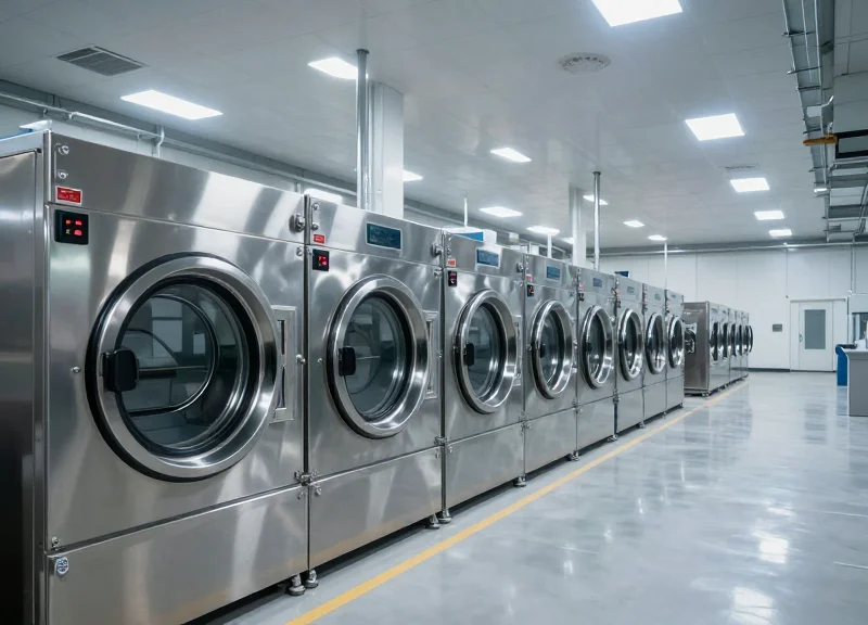 An industrial laundry facility with large stainless steel washing machines.