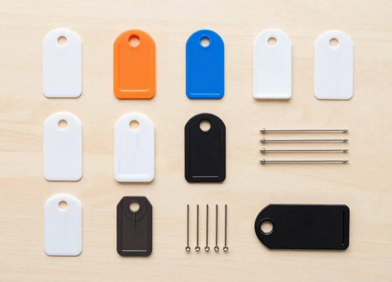 Flat lay arrangement of various security tags and precision pins on a wooden work surface.