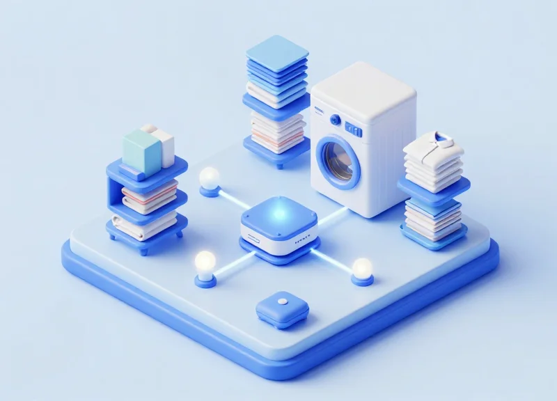 Isometric 3D model of an RFID tracking system for industrial laundry and uniforms
