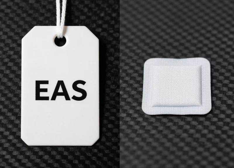 Side-by-side comparison of a traditional EAS tag and a flexible RFID laundry tag