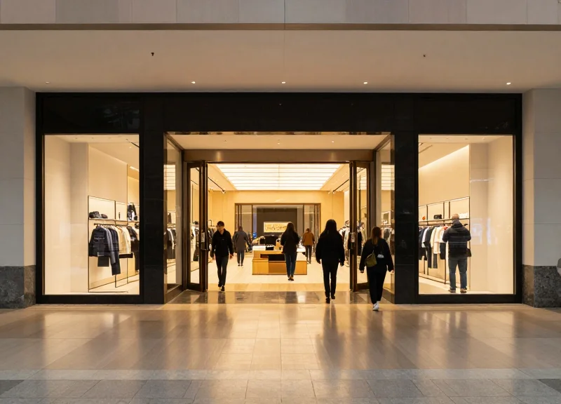 A wide, open luxury store exit with polished reflective floors and high ceilings, showing an unobstructed entryway without visible security pillars.