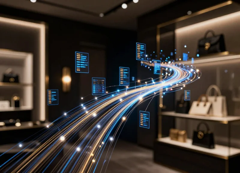 Abstract visualization of glowing fiber optic data streams and nodes flowing above luxury retail merchandise, representing RFID data insights.