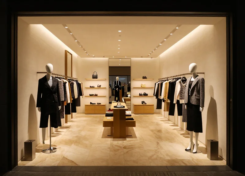 Interior of a high-end luxury fashion flagship store with elegant clothing displays and subtle security pedestals.