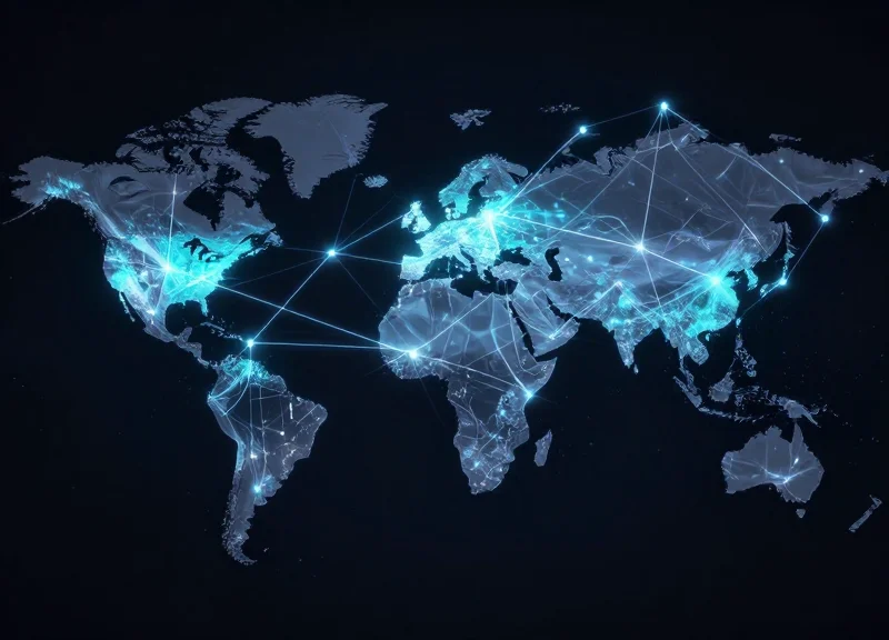 Futuristic vision of interconnected global retail security networks using light and data nodes.
