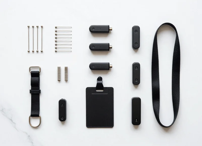 Flat lay photography of luxury security hardware including precision pins and micro-sensors organized on a marble surface.