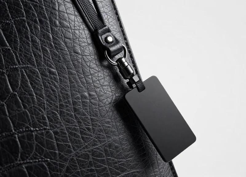 Macro shot of exotic crocodile leather texture with a non-damaging security lanyard attached.