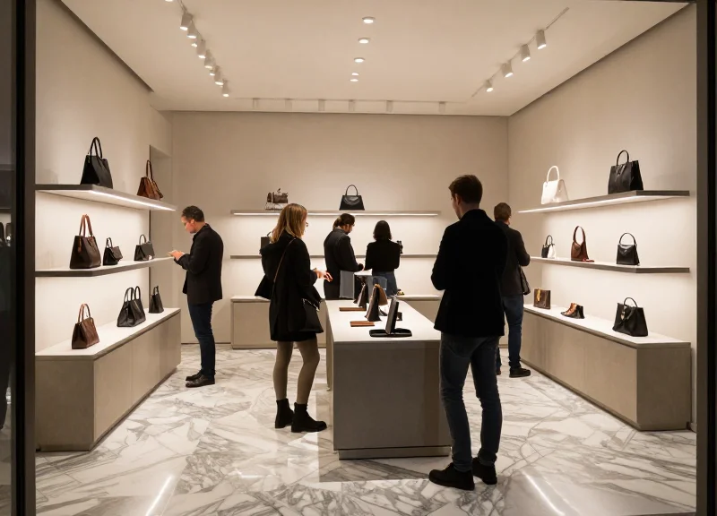 The interior of a high-end luxury boutique with minimalist design and elegant shoppers.