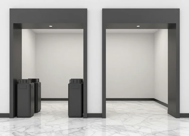 A split screen comparing a store entrance with bulky pedestals versus a clean open entrance.