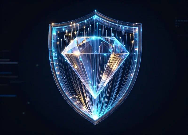 Abstract digital data visualization of security nodes surrounding a diamond silhouette representing 2026 jewelry security trends.