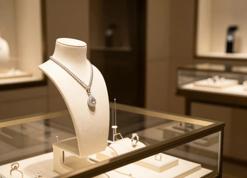 Luxurious jewelry store interior with high-end necklaces displayed in a glass case under warm lighting.