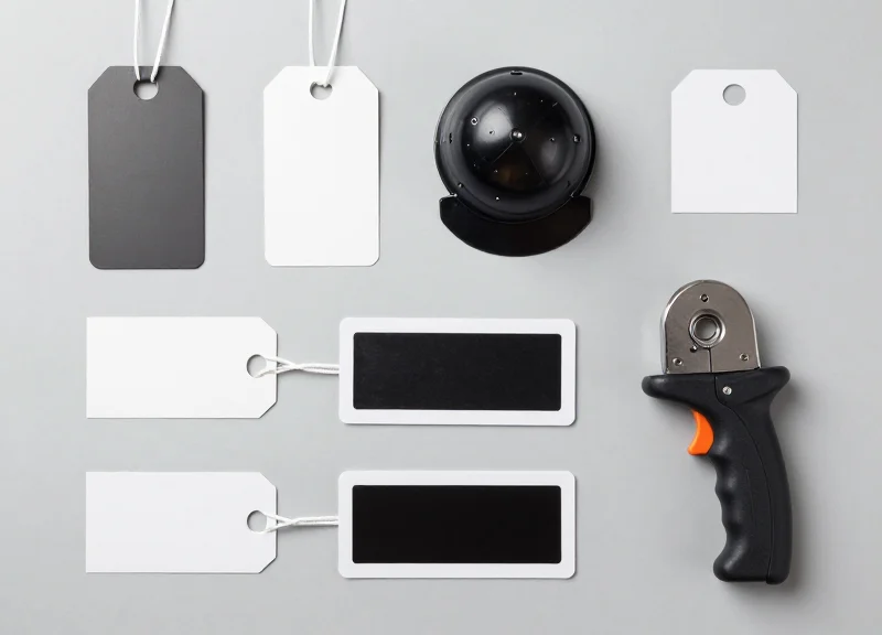 A collection of various EAS security tags, hard tags, and handheld detachers arranged neatly on a gray surface.