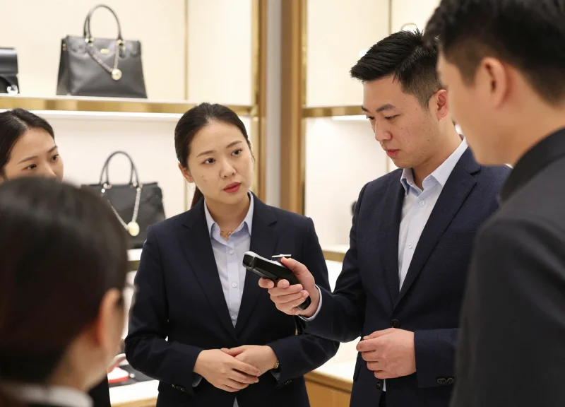 A retail manager training staff on how to use a jewelry security detacher in a professional store setting.