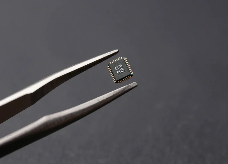 Close-up of precision tweezers holding a tiny 15mm micro-chip to demonstrate its small scale against a neutral background.