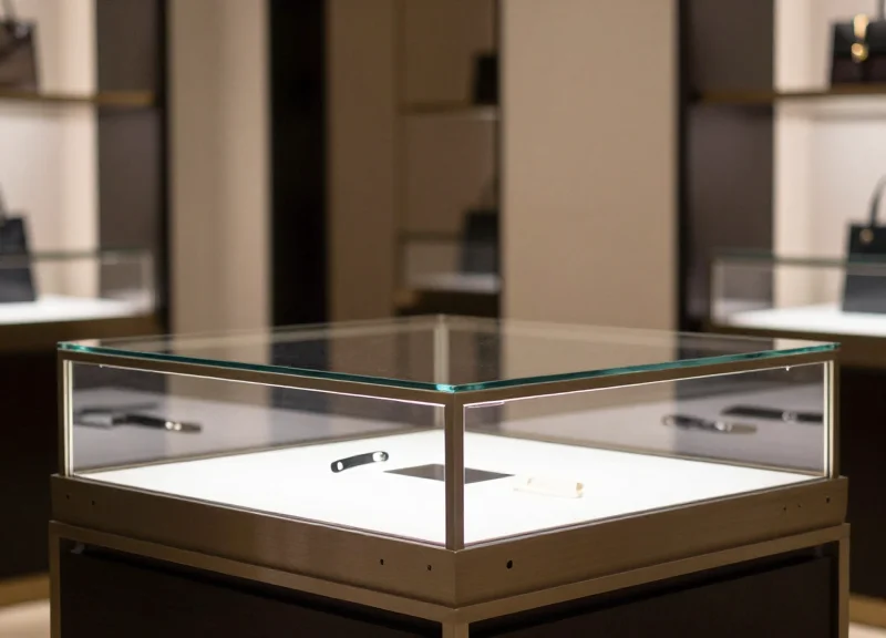 A luxury glass display case in a high-end store featuring subtle smart alarm sensors integrated into the corners.