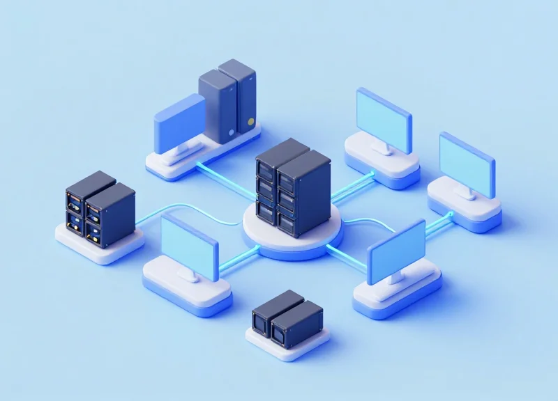 An isometric 3D model of a retail management system connecting display cases to a central data hub.