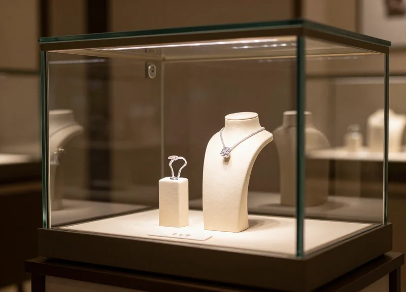 A close-up of high-end jewelry in a luxury boutique with modern security features and elegant lighting.