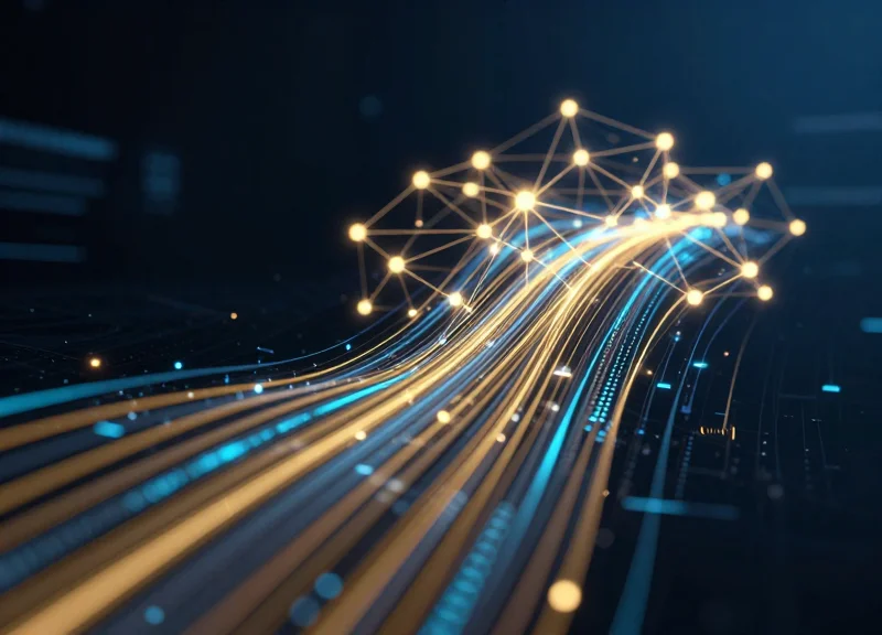 Abstract digital data stream with rising light trails representing business intelligence and retail data.