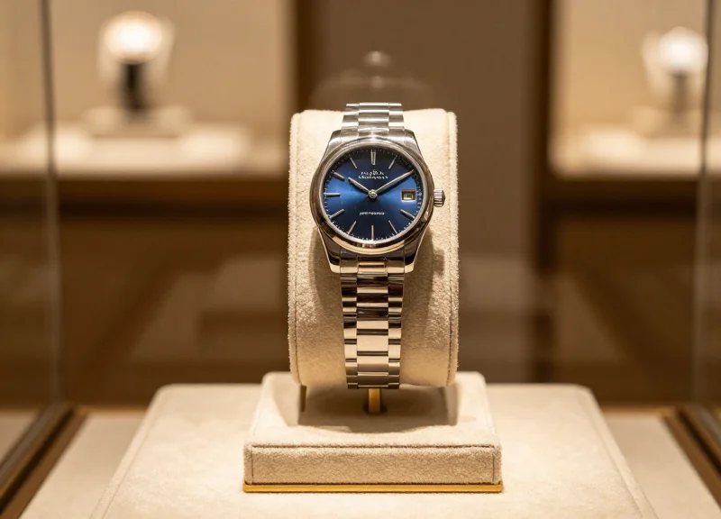 A luxury timepiece displayed elegantly on a premium stand inside a boutique.