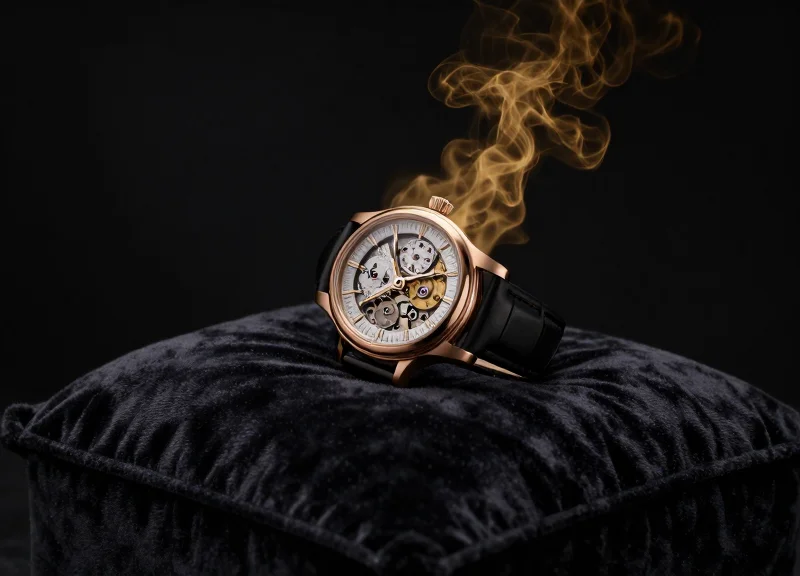 A surrealistic illustration showing a luxury watch slowly dissolving into mist on a velvet cushion, representing inventory loss