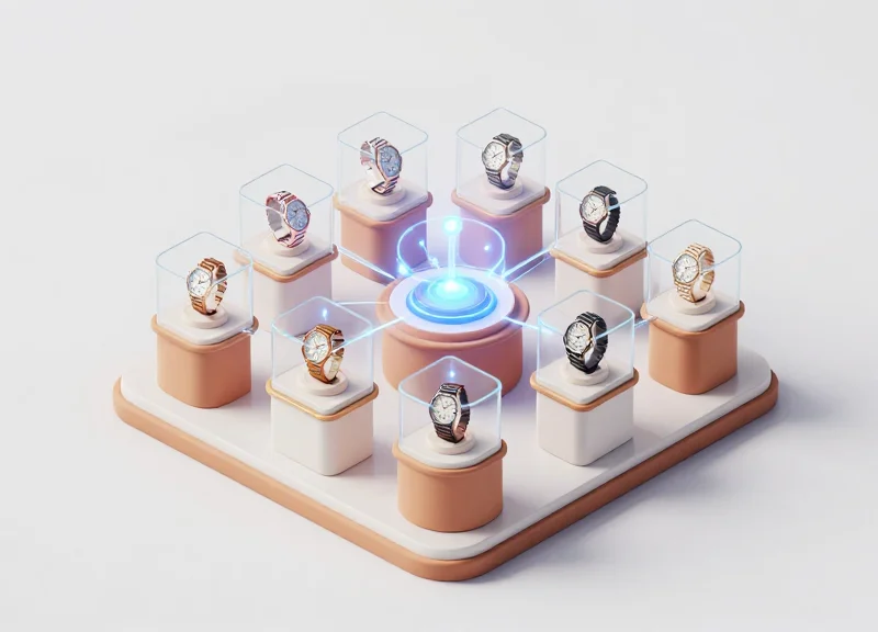 Isometric 3D model of a luxury watch boutique with glowing digital lines connecting every display case to a central server