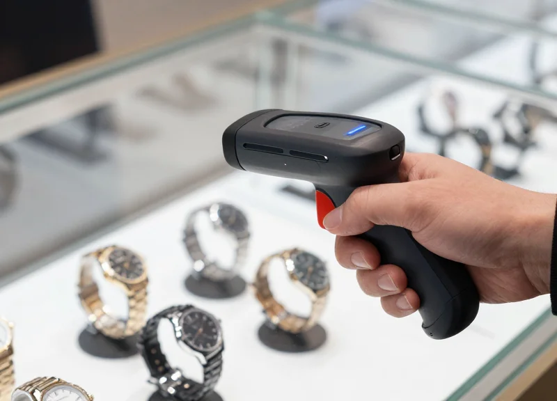 Close-up of a person using a handheld RFID scanner to audit a row of luxury watches in seconds