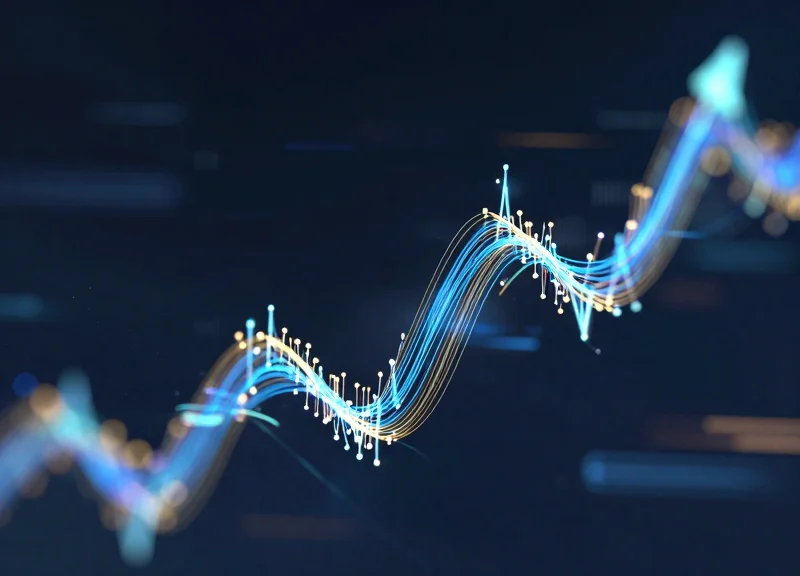 An abstract visualization of financial recovery with glowing upward-trending data lines in a tech-inspired aesthetic