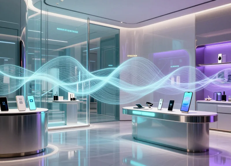 A futuristic luxury store concept with interconnected digital displays and invisible network waves