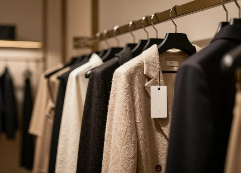 A modern luxury boutique interior with a focus on a discreetly tagged garment on a wooden rack.