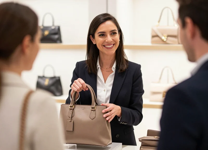 A retail assistant interacting professionally with a customer in a high-end shop.