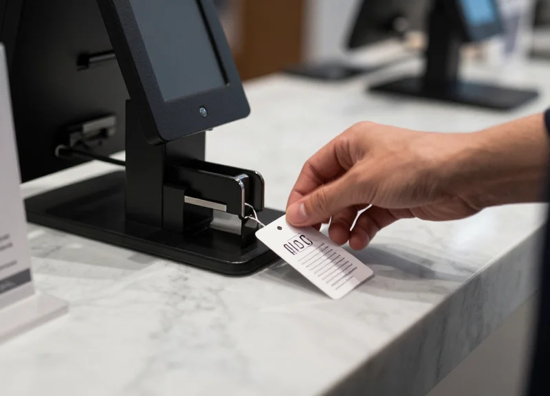 A hand using a magnetic detacher to quickly remove a security tag at checkout.