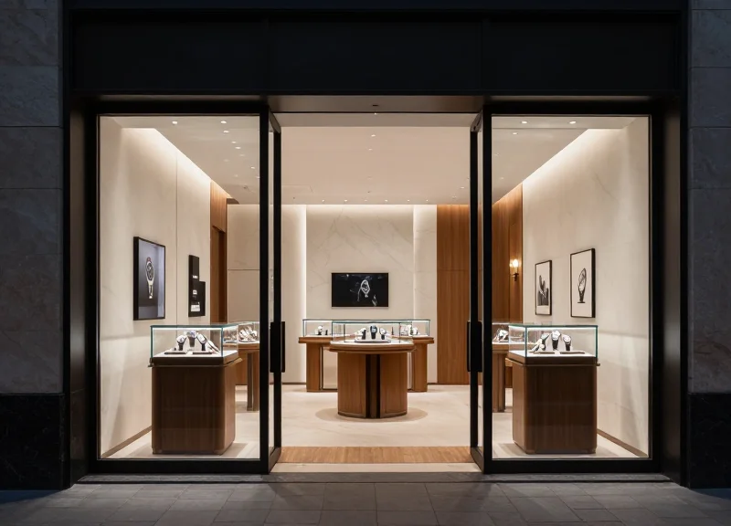 The interior of a sleek, minimalist luxury watch boutique in 2026 without traditional security pedestals.