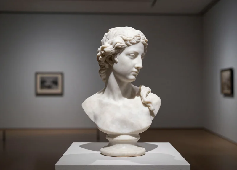 A delicate marble sculpture on a pedestal in a modern, minimalist art gallery with soft cinematic lighting.