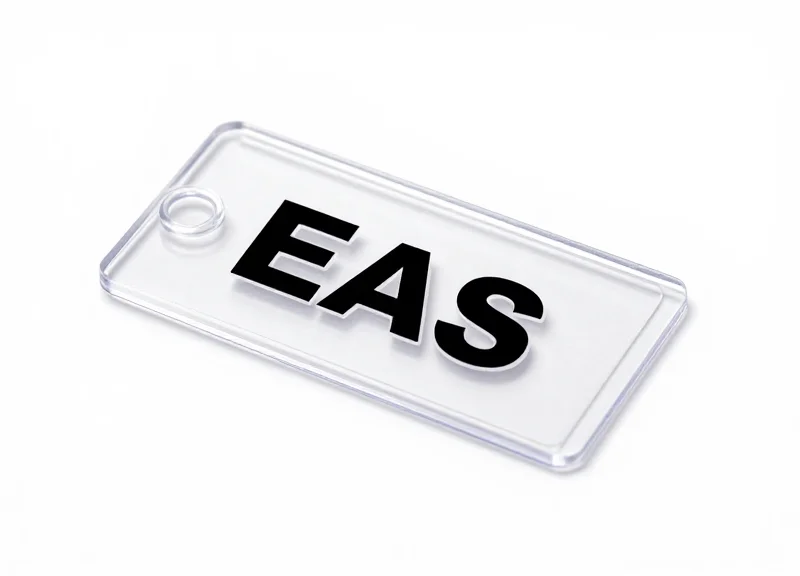 A sleek, transparent EAS security tag for high-value art on a pure white background.